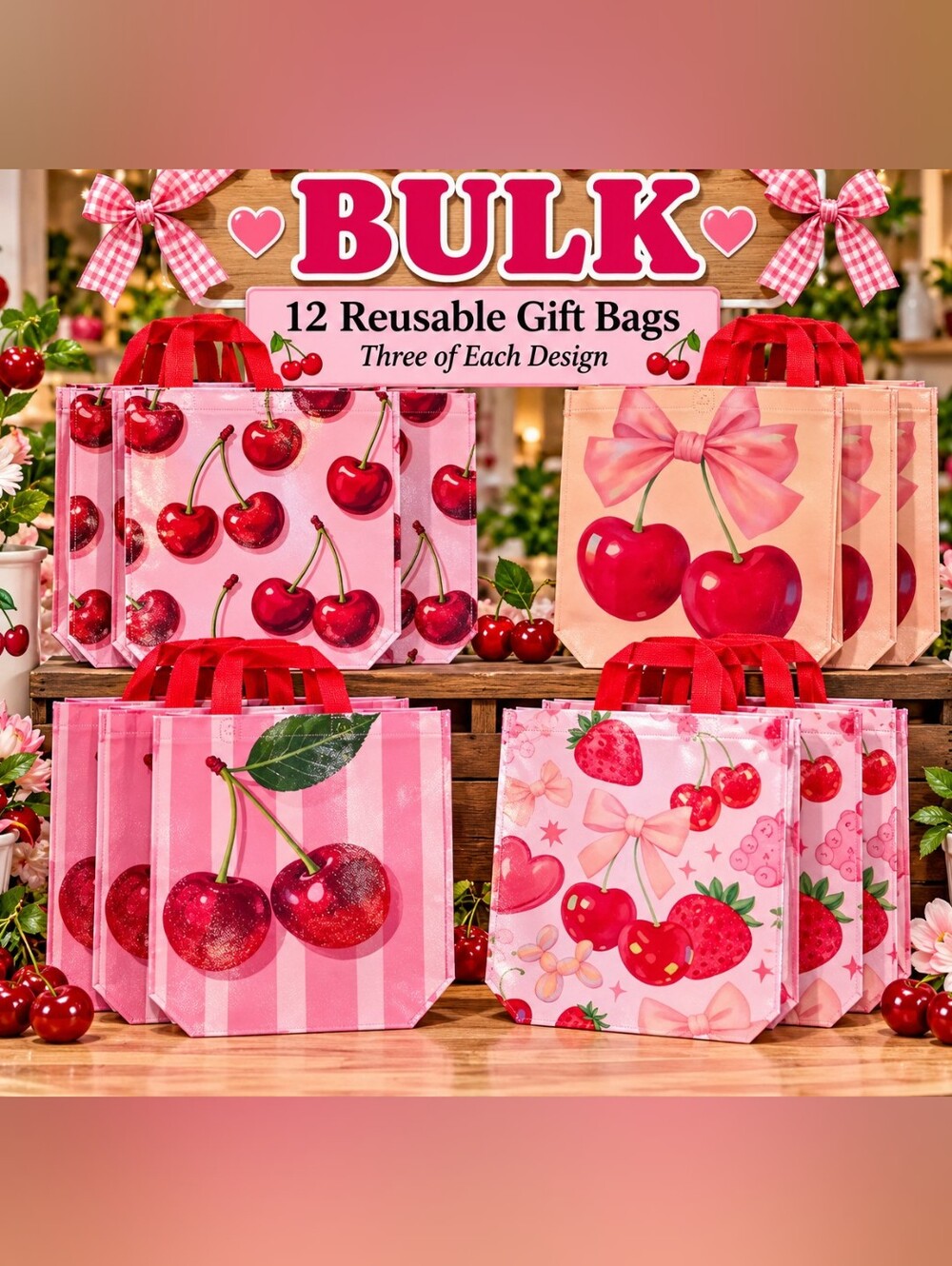 BULK Reusable Pink Cherry Print Tote Bag - 12-Pack 15"X10"